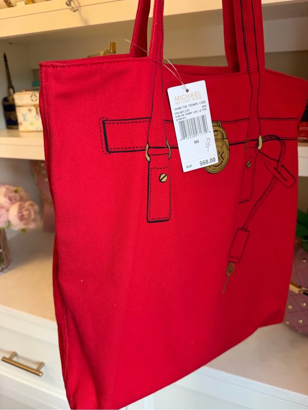Michael Kors NWT Red Canvas Hamilton Tote with Gold Accent Print